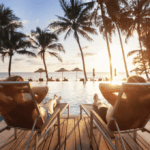 A couple in a tropical setting.
